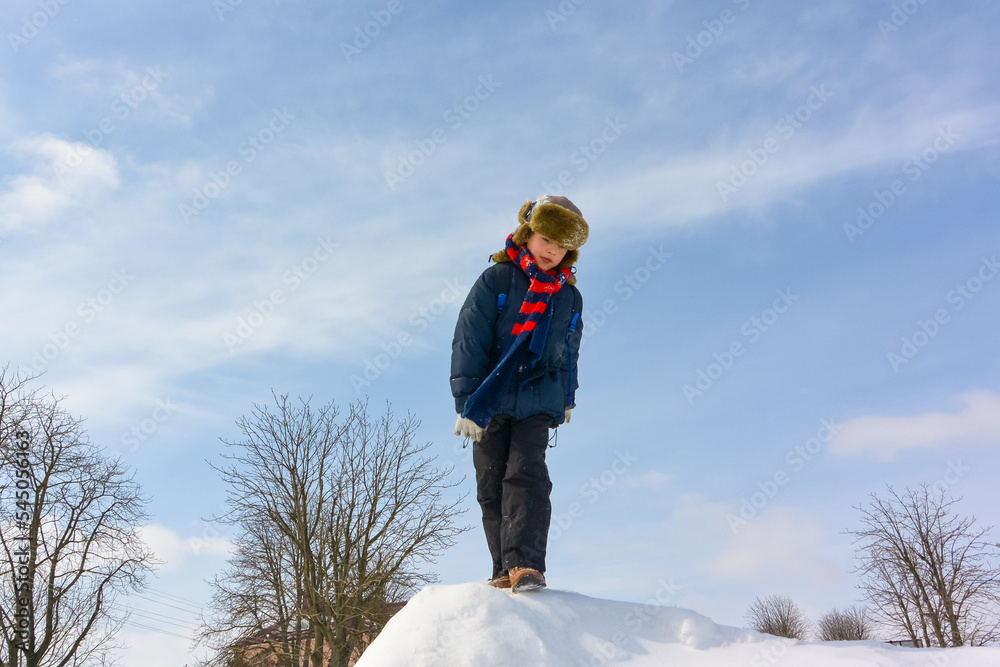 Boy having fun on a snowy winter park