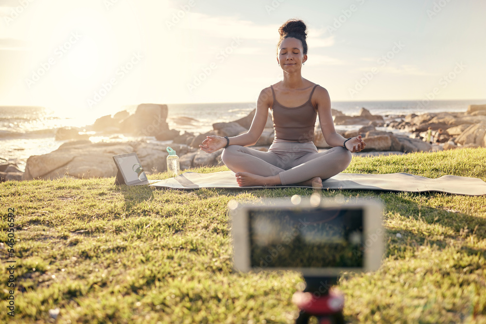 Yoga, meditation and technology with woman in nature for live streaming,  peace or social media with