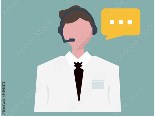 お客様対応をするコールセンターで働く男性。ベクターイラスト