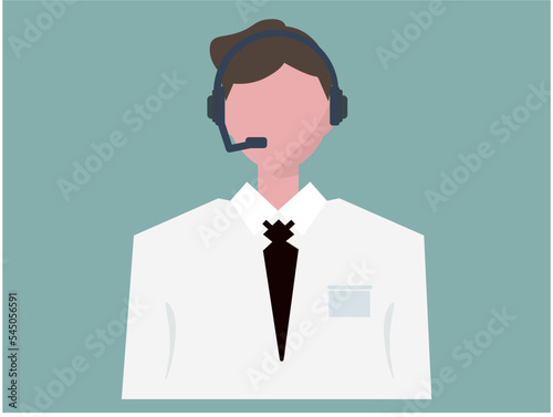 カスタマーサポートで通話する男性。話す。ベクターイラスト