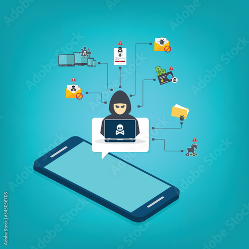 Hacker, malware notification on mobile phone. Smartphone with hacker alert, spam data on cellphone fraud error message, scam, virus. Flat vector illustration.