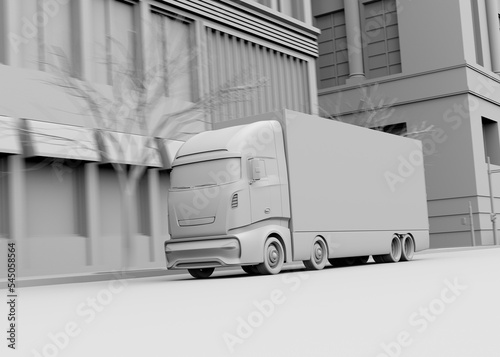 Clay rendering of Electric truck passing a crossroad intersection. 3D rendering image.