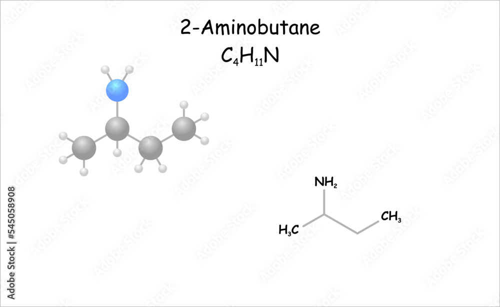Stylized molecule model/structural formula of 2-Aminobutane. Stock ...