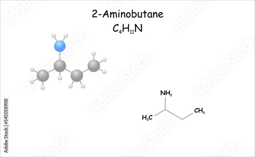 Stylized molecule model/structural formula of 2-Aminobutane.