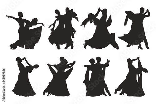 Silhouette of waltz pair. Couple dancers. Black silhouette on competition in ballroom dancing. Vector illustration