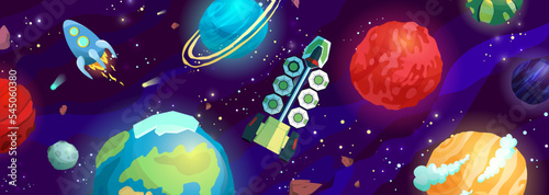Fototapeta Naklejka Na Ścianę i Meble -  Space cartoon vector illustration with different planets and rocket. Galaxy, cosmos, universe element for computer game, web, book for kids.