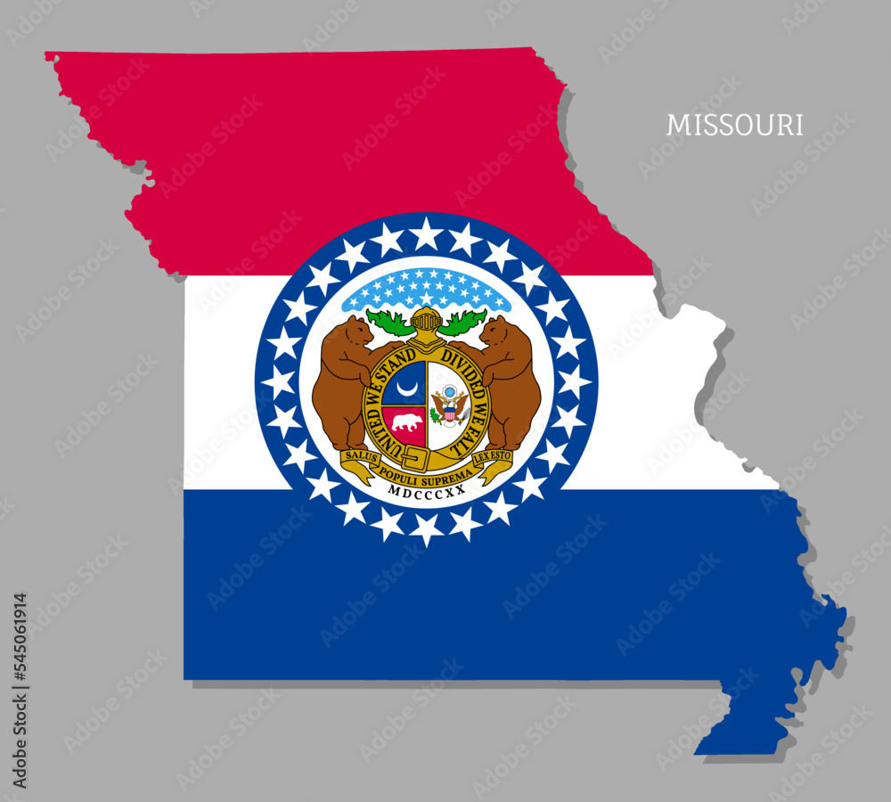 Map of Missouri USA federal state with flag inside. Highly detailed map