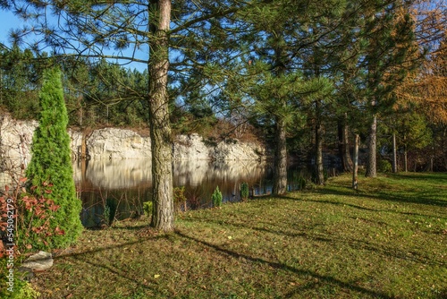 Pine trees on the bank of a flooded old quarry. Jasenice. Eastern Moravia. Czechia. photo