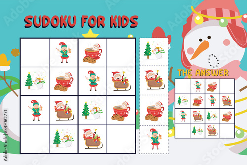 Sudoku game for children with pictures. Kids activity sheet. Training children’s logical thinking, educational game. Cute Christmas cartoon items. Vector illustration file.
