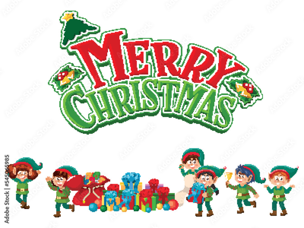 Fototapeta premium Merry Christmas text with elves cartoon character