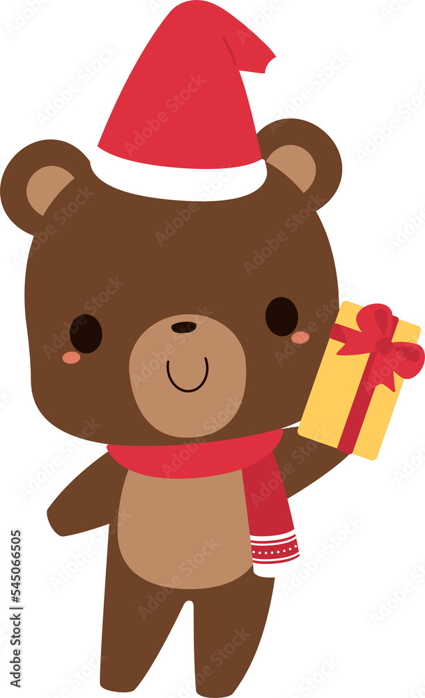 Cute brown bear cartoon character wearing Santa hat, holding gift box. Festive Christmas holiday season concept. Flat design illustration. Cute brown bear cartoon character wearing Santa hat, holding gift box. Festive Christmas holiday season concept. Flat design illustration.