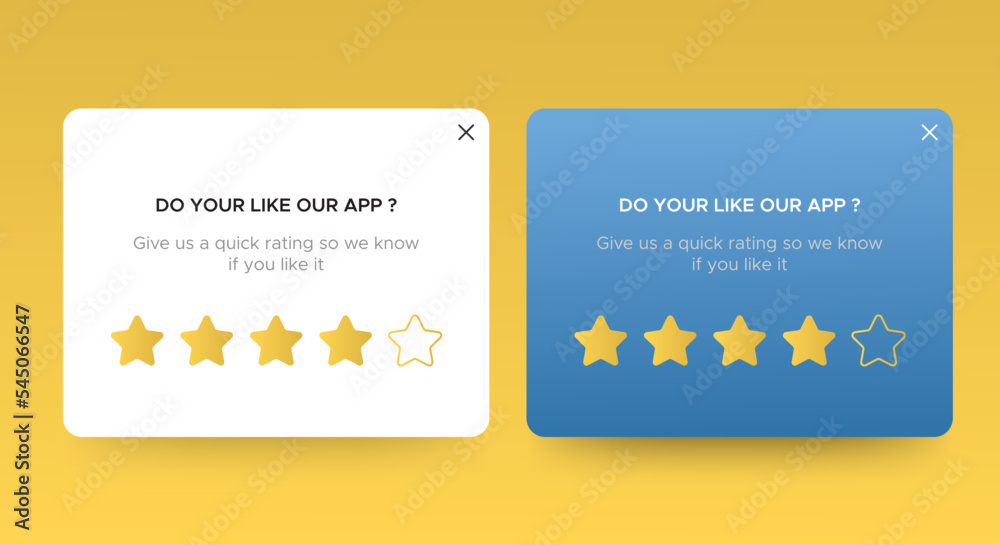 Set of Rate notification pop up banners with stars. Professional web design, mobile ui elements. User-friendly design materials. Vector EPS 10