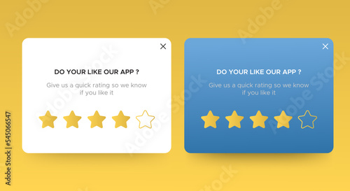 Set of Rate notification pop up banners with stars. Professional web design, mobile ui elements. User-friendly design materials. Vector EPS 10