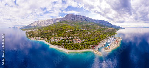 Fototapeta Naklejka Na Ścianę i Meble -  Aerial Drone Photo. of Sailing on adriatic sea in Makarska Korcula Croatia Yacht in marina, sailing in Croatia.