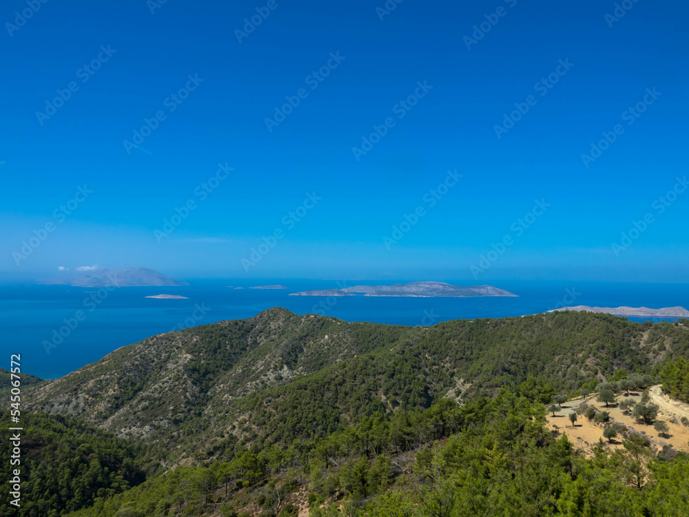 Panoramic view of typical greek mediterranean landscape with hill, fir trees and bushes. Tourism and vacations concept. Rhodos Island, Greece.