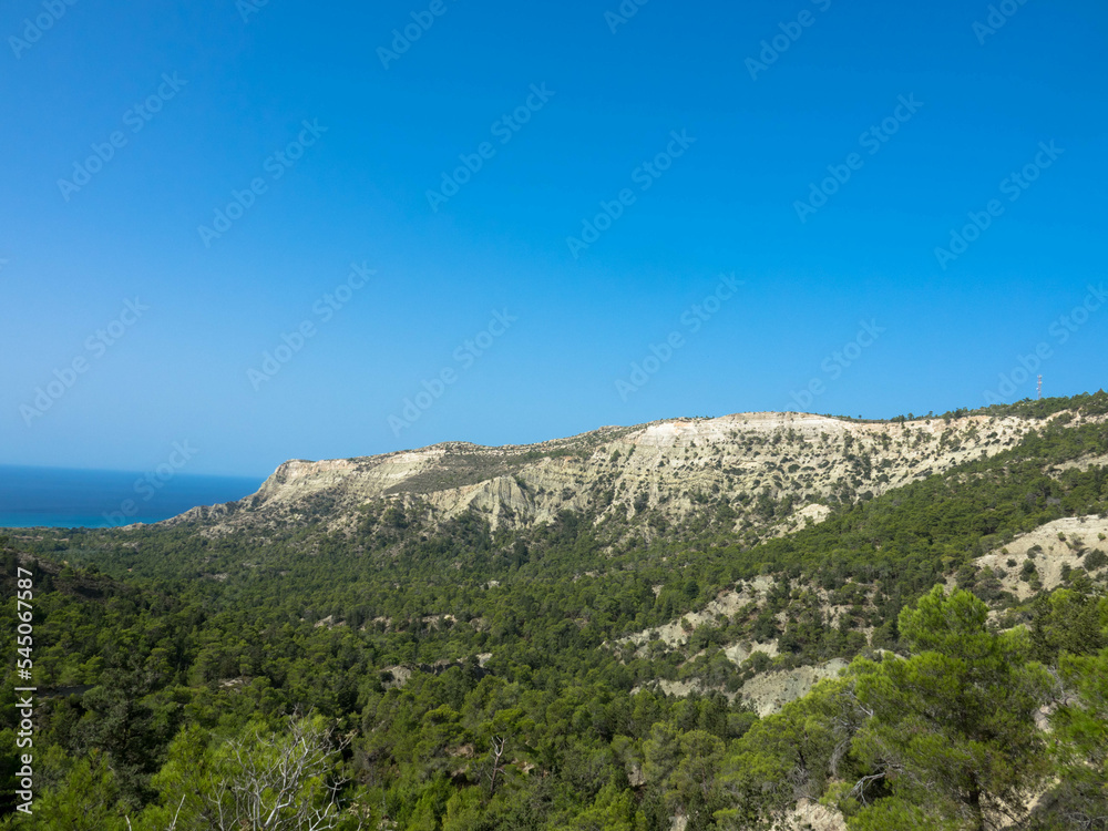 Panoramic view of Attavyros mountain. Is the highest mountain on the island of Rhodes in the Dodecanese in Greece. In the south of the village of Embonas.