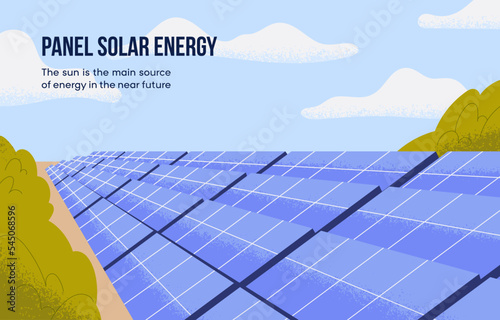 Solar farm with cells, glass panels, photovoltaic batteries for eco sunlight energy, alternative sustainable renewable power. Green recycled generators, sun modules, system. Flat vector illustration