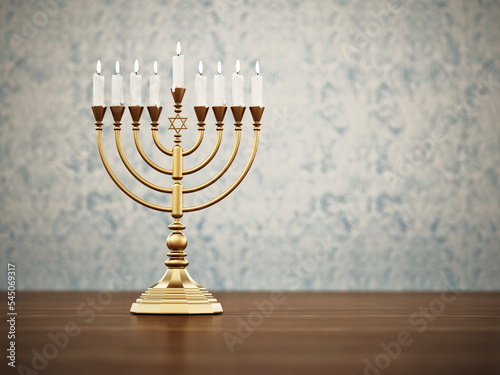 Hanukkah candles on wooden table against vintage wallpaper. 3D illustration