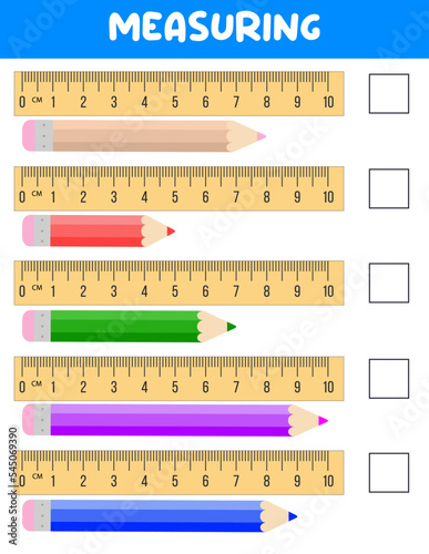 Measuring length with ruler. Education developing worksheet. Game for kids.Vector illustration. practice sheets.Pencil measurement in centimeters