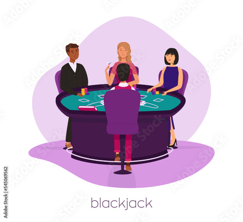 People play blackjack game. Casino, gaming house flat vector illustration. Happy people characters. Casino interior decor. Gambling industry. For design casino web sites.