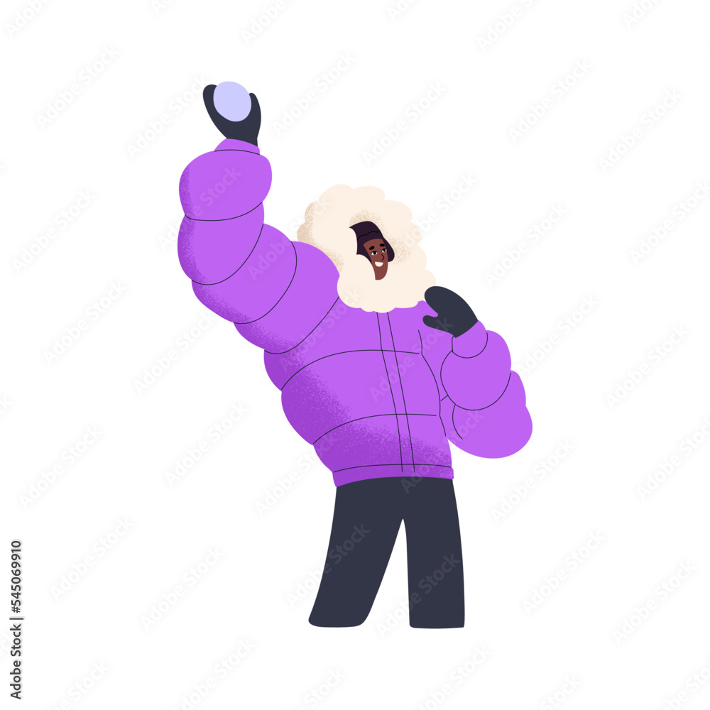 Happy black man throwing snowball outdoors on winter holiday. Young adult person holding snow ball in arm. Wintertime fun, entertainment. Flat graphic vector illustration isolated on white background Happy black man throwing snowball outdoors on winter holiday. Young adult person holding snow ball in arm. Wintertime fun, entertainment. Flat graphic vector illustration isolated on white background