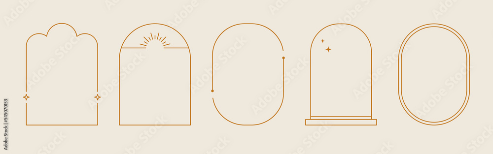 Line arch frame set. Minimal line style arch, oval shape boho frame element for badge, logo design. Vector illustration. - obrazy, fototapety, plakaty 