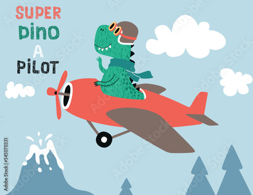 cute dinosaur on a plane.  Cartoon vector illustration.
