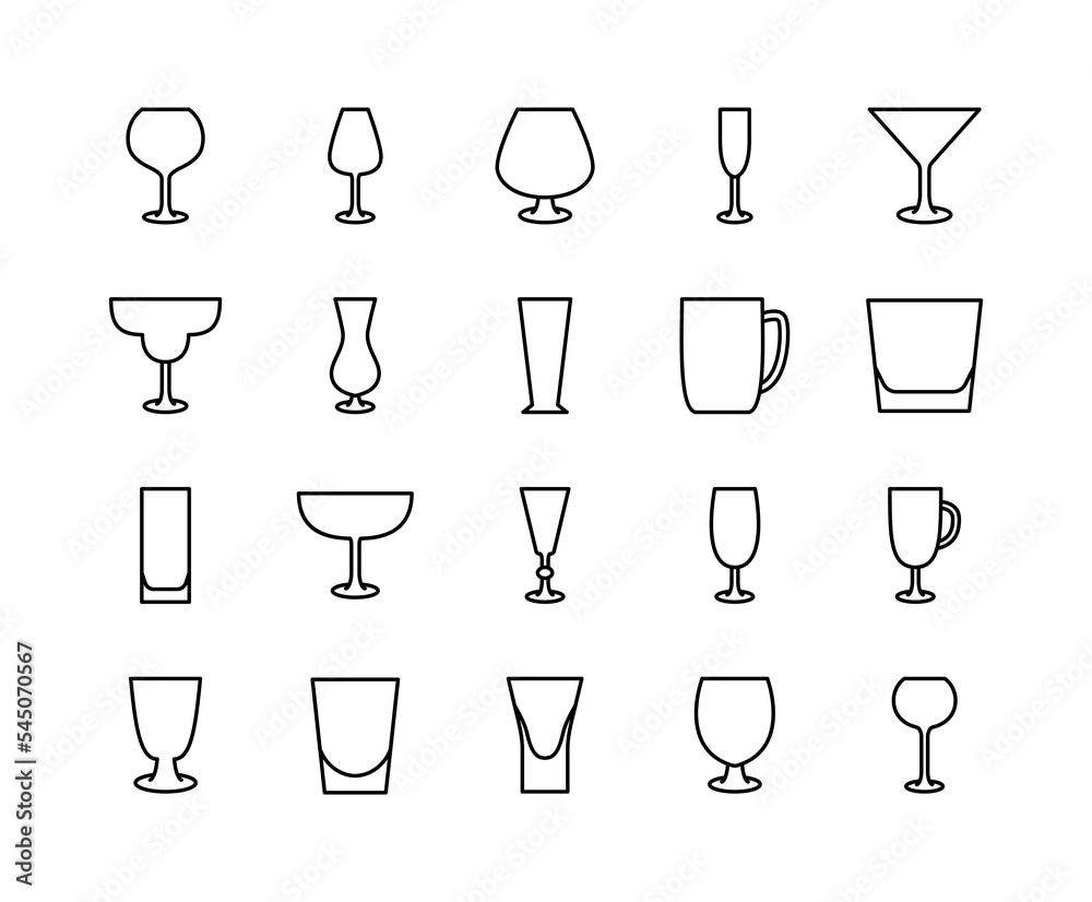 Drink glassware flat line icons set. Bar glasses, stemware for different drinks. Simple flat vector illustration for store, web site or mobile app. Drink glassware flat line icons set. Bar glasses, stemware for different drinks. Simple flat vector illustration for store, web site or mobile app.
