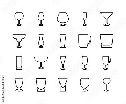 Drink glassware flat line icons set. Bar glasses, stemware for different drinks. Simple flat vector illustration for store, web site or mobile app.