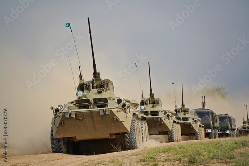 Almaty, Kazakhstan - 04.14.2022 : Soldiers on military equipment go to the place of deployment to the landfill. Exercises.