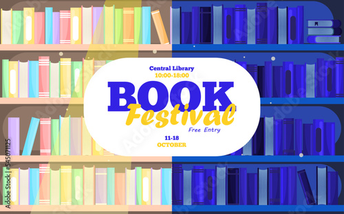 Vector cartoon image of a banner announcing a book festival in a library or bookstore. The concept of education and study