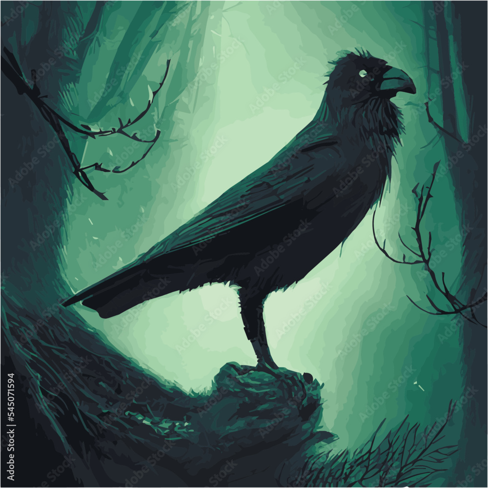 portrait Mystical Dire Bird Crow, Symbol of Gothic, Halloween, fear, by