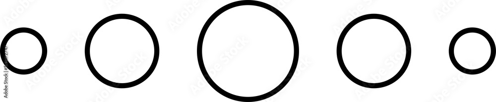 Five outlined black circle shapes in a row, different sizes. Isolated png illustration, transparent background. Asset for overlay, pattern cards, montage, collage, mark making, flourish design. Five outlined black circle shapes in a row, different sizes. Isolated png illustration, transparent background. Asset for overlay, pattern cards, montage, collage, mark making, flourish design.