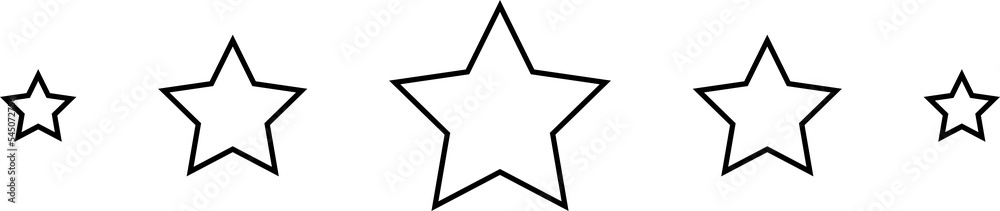 Five outlined black stars in a row, different sizes. Isolated png illustration, transparent background. Asset for overlay, pattern, montage, collage, mark making. Five outlined black stars in a row, different sizes. Isolated png illustration, transparent background. Asset for overlay, pattern, montage, collage, mark making.