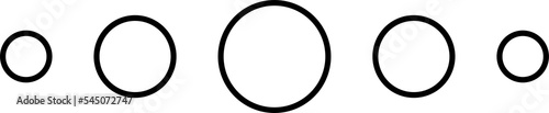 Five outlined black circle shapes in a row, different sizes. Isolated png illustration, transparent background. Asset for overlay, pattern cards, montage, collage, mark making, flourish design.