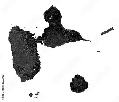 Guadeloupe map, Caribbean islands. Archipelago and overseas department and region of France. Dark black map.