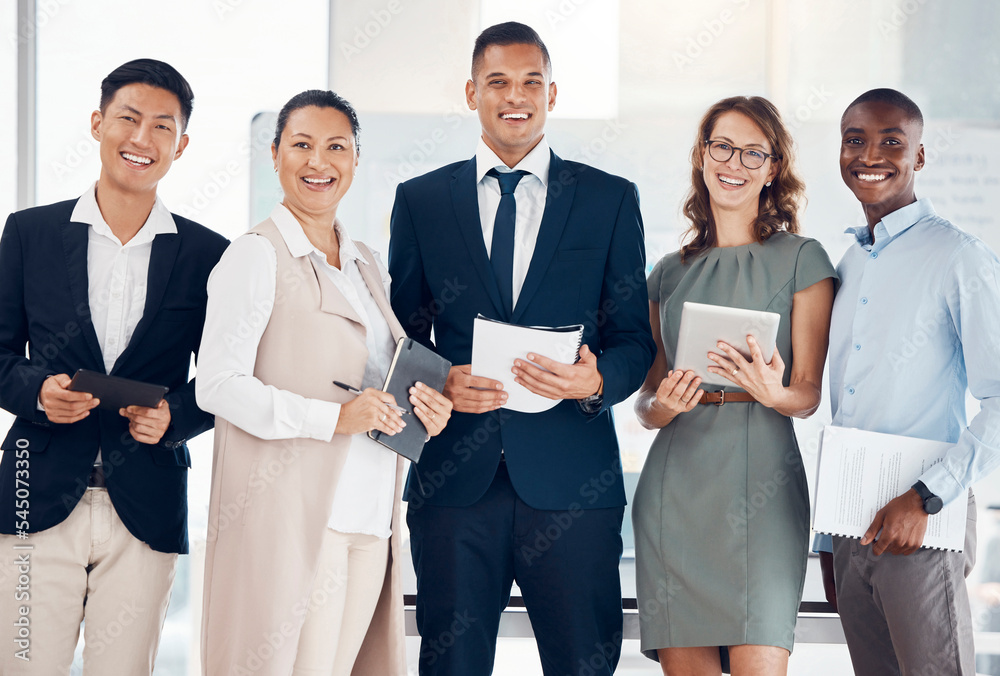 Portrait of diversity business people with notebook, tablet and stand together in group solidarity, support and collaboration. Teamwork, staff meeting and corporate workforce working on strategy idea