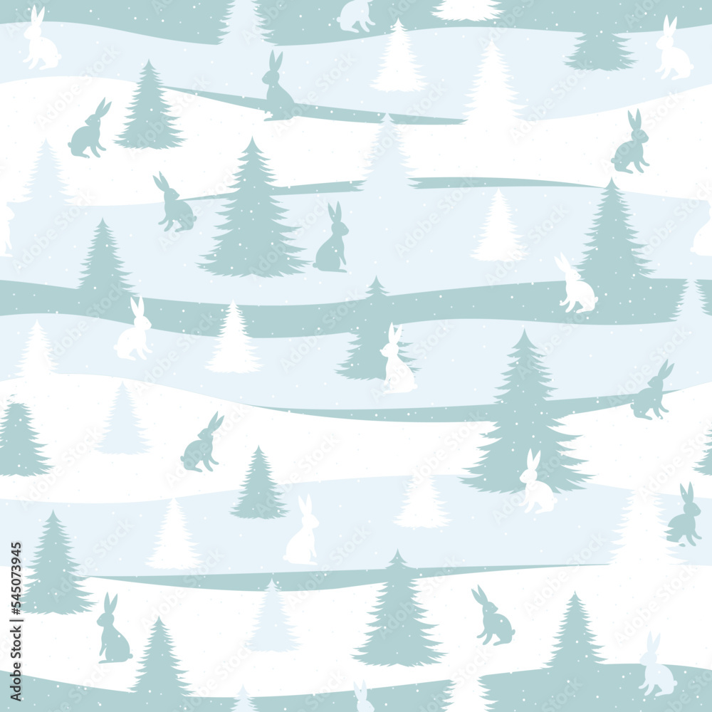 Seamless pattern with Christmas trees and hares. Christmas and New Year holidays. Creative vector background for fabric, textile, nursery wallpaper.