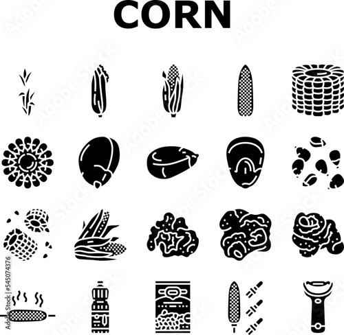 corn maize green, cob sweet icons set vector. farm grain, food plant, agriculture field yellow, leaf fresh, organic crop, summer corn maize green, cob sweet glyph pictogram Illustrations