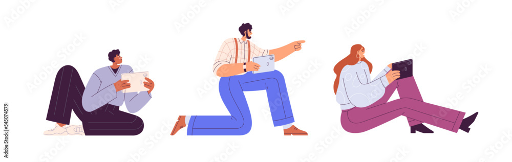 Young people using tablet PC for study, work. Active modern youth holding gadget device in hand, sitting on floor, speaking, listening. Flat vector illustrations isolated on white background Young people using tablet PC for study, work. Active modern youth holding gadget device in hand, sitting on floor, speaking, listening. Flat vector illustrations isolated on white background