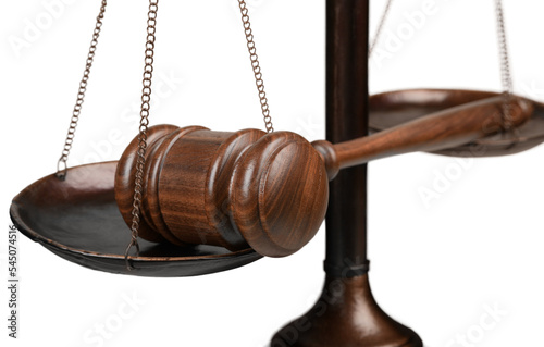 Justice Scales and wooden gavel, close-up view