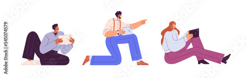 Young people using tablet PC for study, work. Active modern youth holding gadget device in hand, sitting on floor, speaking, listening. Flat vector illustrations isolated on white background