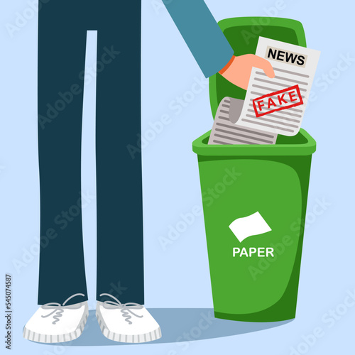 A man throws a newspaper into a trash can. Press article with fake, lies and misinformation. Flat vector illustration