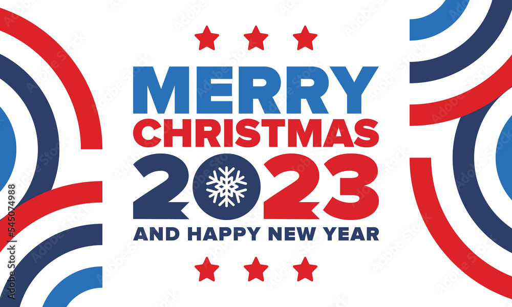 Naklejka premium Merry Christmas and Happy New Year 2023. Magic holiday poster with snowflake. Winter celebration event. Christmas party. Congratulation card. Festive design template. Vector illustration