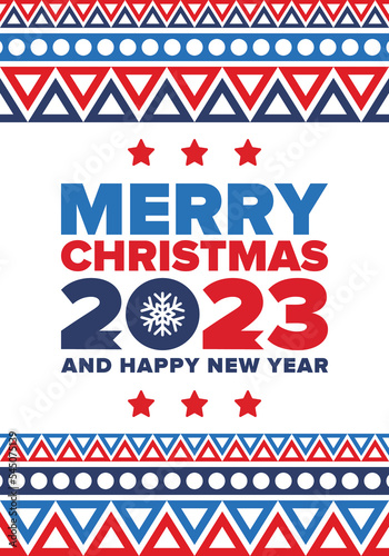 Merry Christmas and Happy New Year 2023. Magic holiday poster with snowflake. Winter celebration event. Christmas party. Congratulation card. Festive design template. Vector illustration