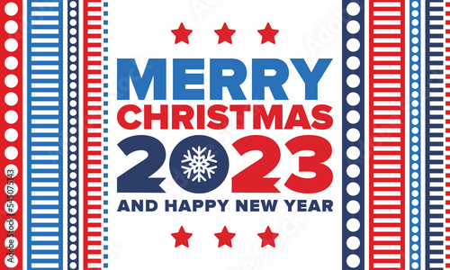 Merry Christmas and Happy New Year 2023. Magic holiday poster with snowflake. Winter celebration event. Christmas party. Congratulation card. Festive design template. Vector illustration