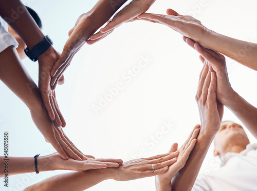 Teamwork, circle and synergy hands of business people with support, collaboration and coworking in team building mock up. Integration, group formation and workflow sign of employee with support below photo
