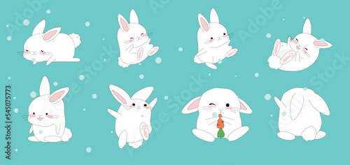 Happy Chinese new year greeting set 2023 with cute rabbits. Animal holidays cartoon character. Translate: rabbit, lucky. Vector illustration