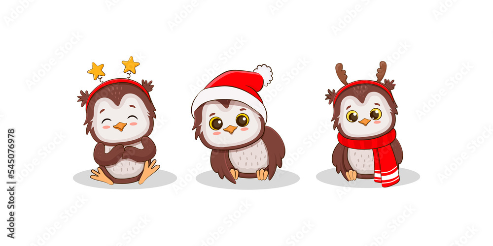 set of cute cartoon owl in santa hat.Owlet for your design of Christmas and New Year cards, banners, invitations. set of cute cartoon owl in santa hat.Owlet for your design of Christmas and New Year cards, banners, invitations.