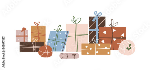 Gift boxes in festive paper wrapping with bows. Wrapped packages, presents of different shape, size. Many holiday packs, giftboxes, surprises. Flat vector illustration isolated on white background